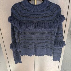 Jonathan Simkhai Blue Crew Neck Sweater with Fringe Detail